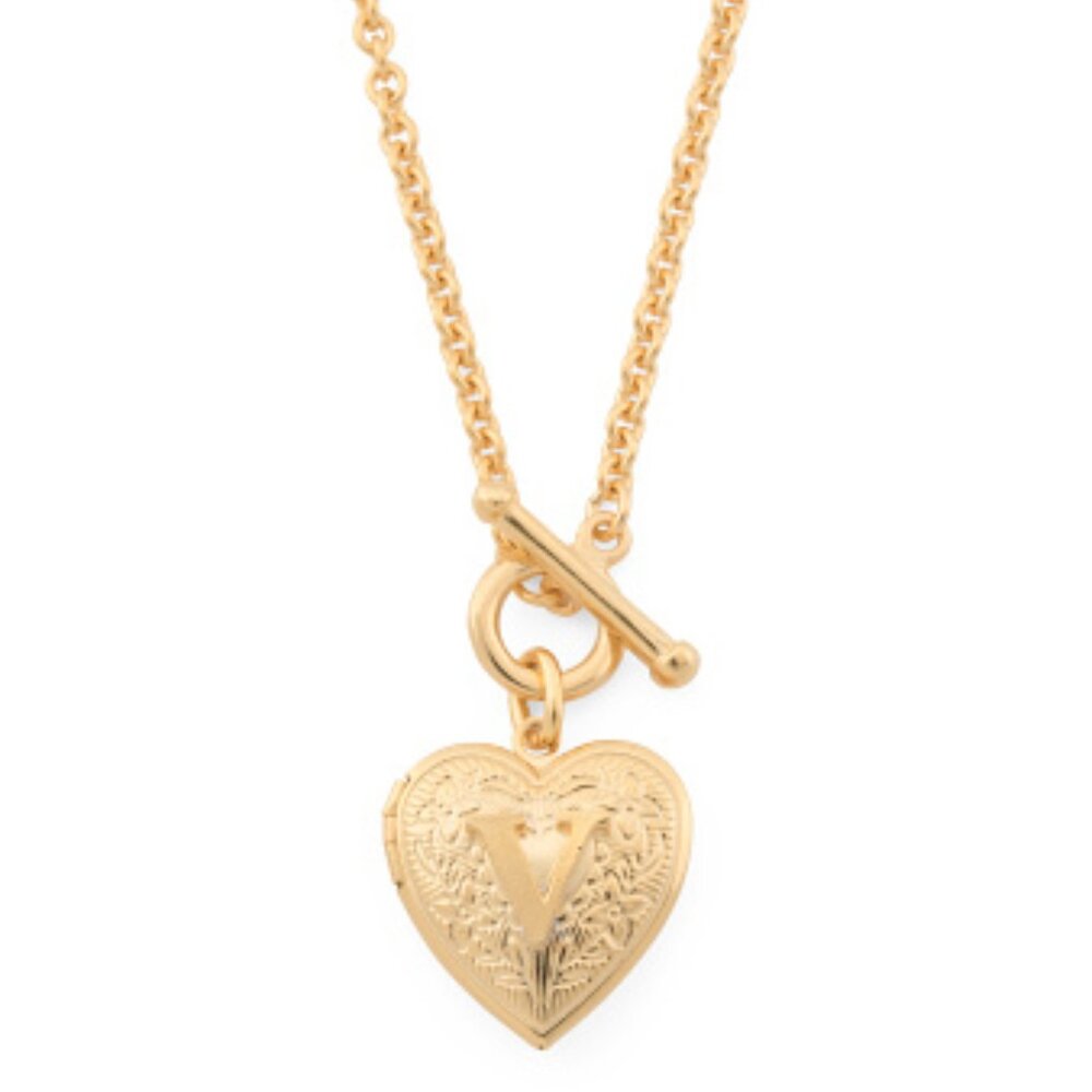 NEW BEN AMUN Made In Usa 24kt Gold Plated Brass Initial Heart Locket Necklace tn